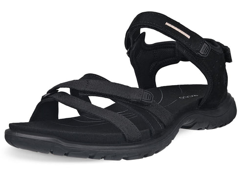 Black sandal with adjustable hook and loop straps.