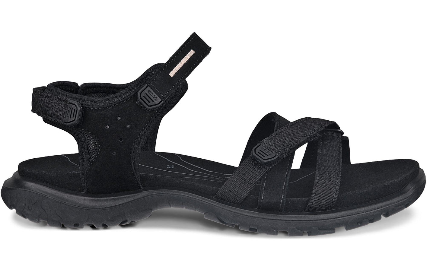 Black sandal with adjustable straps and a textured sole.