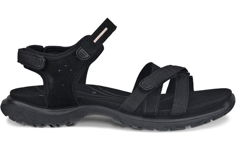 Black sandal with adjustable straps and a textured sole.