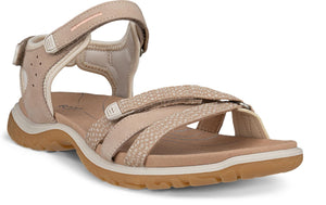 Beige sandal with adjustable straps and a rubber sole.