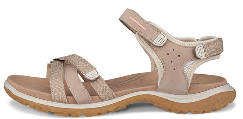 beige sandal with adjustable straps and a rubber sole