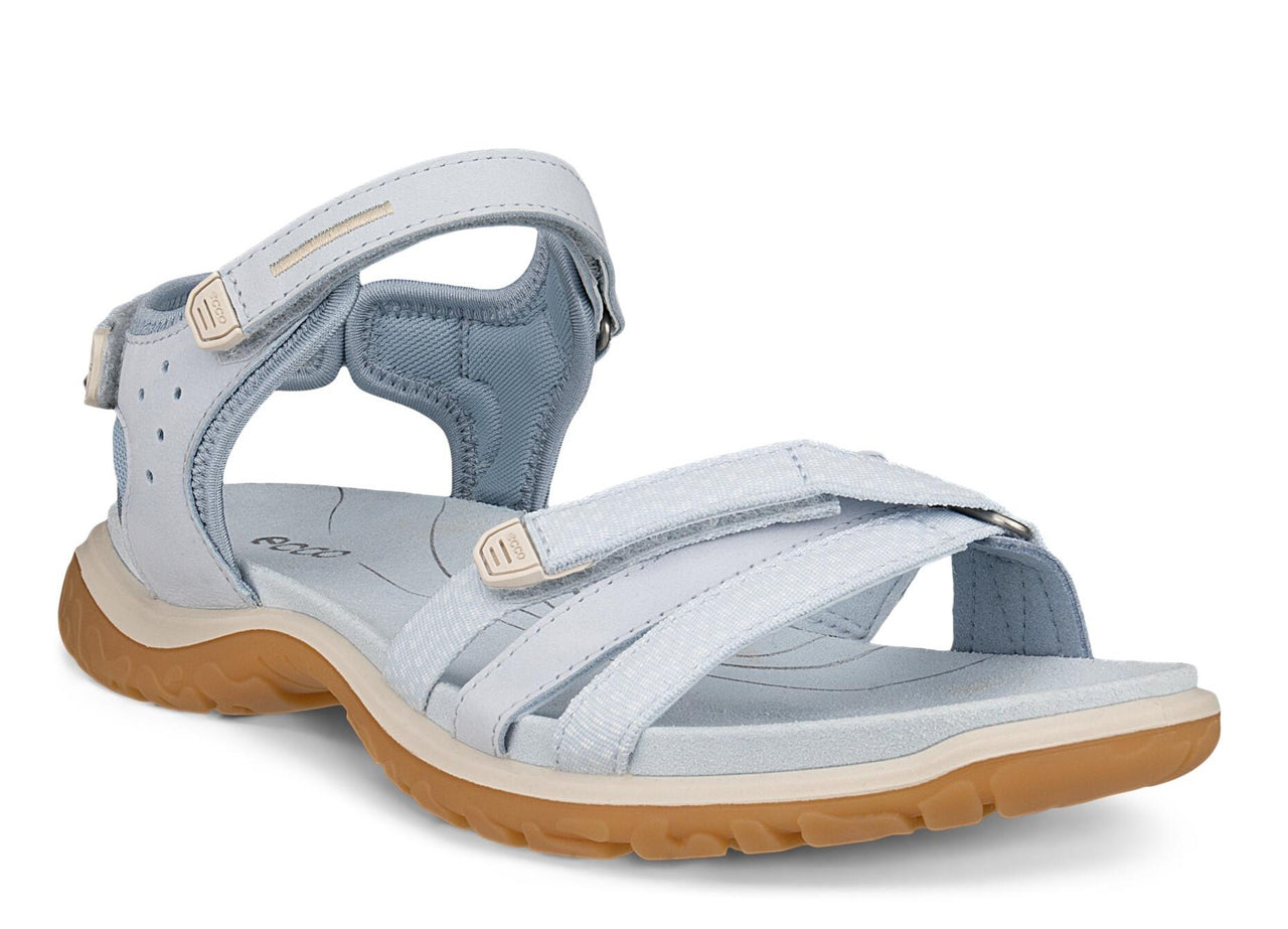 Light blue sandal with adjustable velcro straps and a brown sole.
