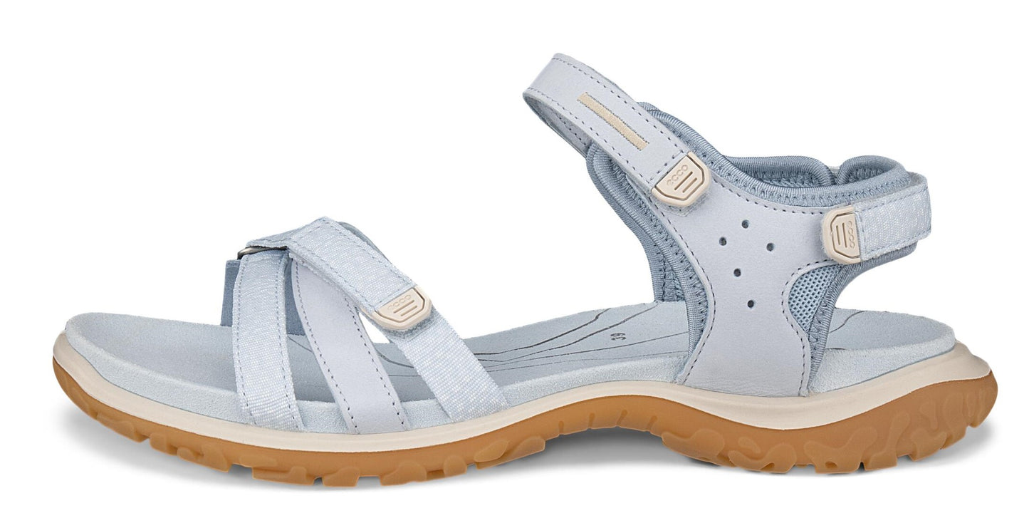 Light blue sandal with brown sole and adjustable straps.
