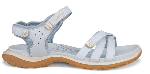 A sandal with adjustable straps and a brown sole.