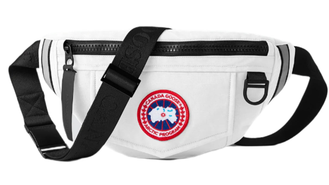 White fanny pack with a black strap and a circular logo of the Arctic program.