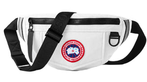 White fanny pack with a black strap and a circular logo of the Arctic program.
