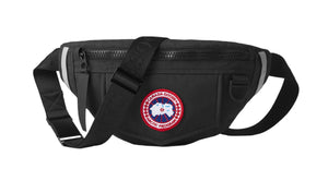 Black fanny pack with a strap and a round logo patch.