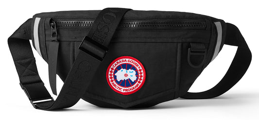 Black fanny pack with adjustable strap and Canada Goose logo.