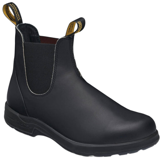 Black leather Chelsea boot with black sole and yellow pull loops.