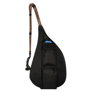 Black teardrop sling bag with rope shoulder strap and various pockets.