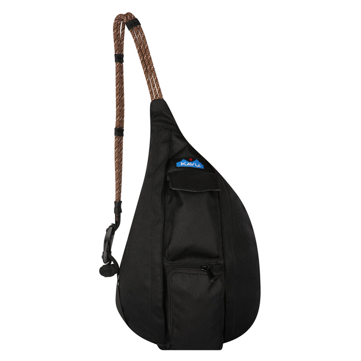 Black teardrop sling bag with rope shoulder strap and various pockets.