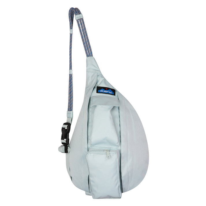 Teardrop-shaped light-blue shoulder bag with a braided rope strap and logo visible on the front
