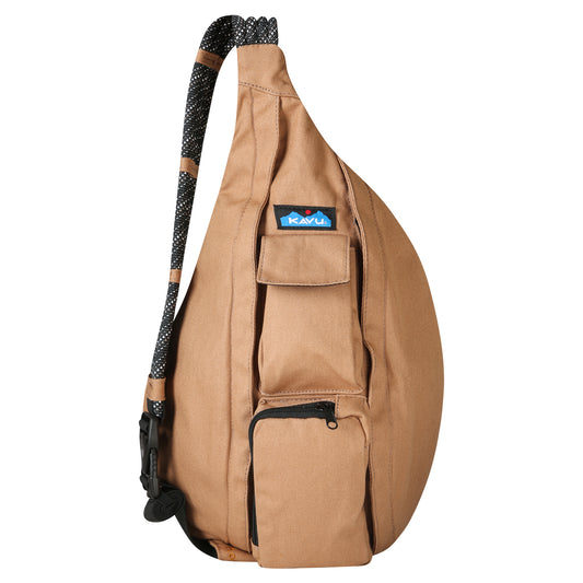 Khaki teardrop bag with an adjustable black rope strap, multiple front pockets and a logo patch.