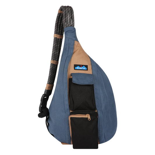 Teardrop shaped blue and khaki shoulder bag with black front pockets and rope strap.