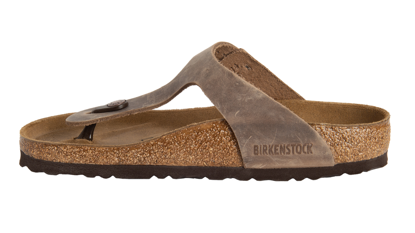 Gray thong sandal with cork footbed and visible BIRKENSTOCK logo.