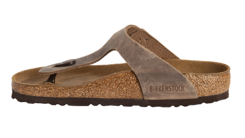 Gray thong sandal with cork footbed and visible BIRKENSTOCK logo.