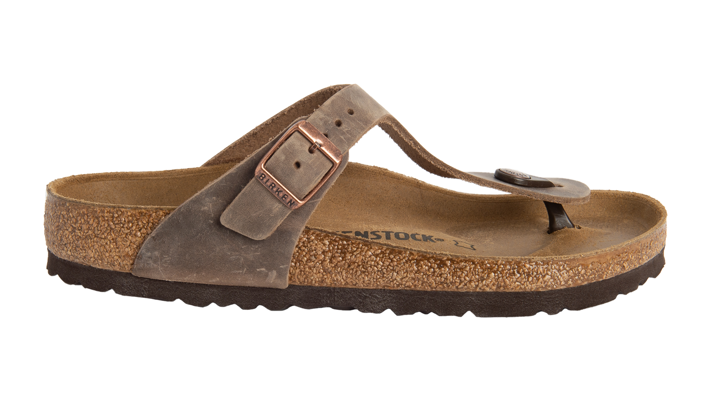 Taupe sandal with a thong strap and a side buckle