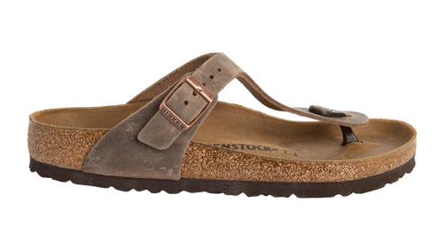 Taupe sandal with a thong strap and a side buckle