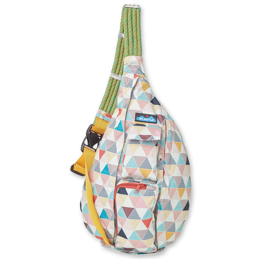 Sling bag with a colorful geometric triangle pattern, rope shoulder strap, and multiple exterior pockets.