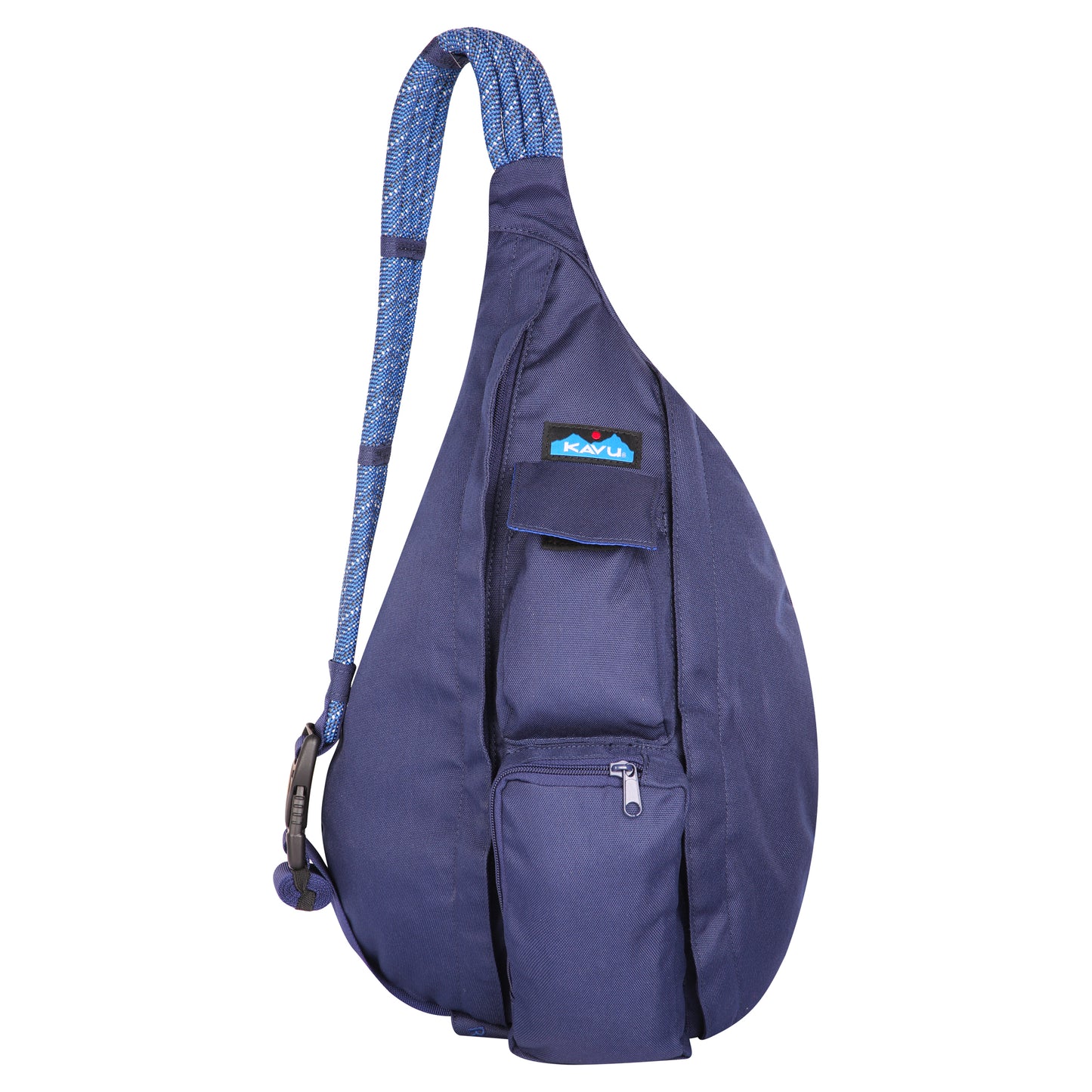 A blue teardrop-shaped sling bag with a thick blue rope strap.