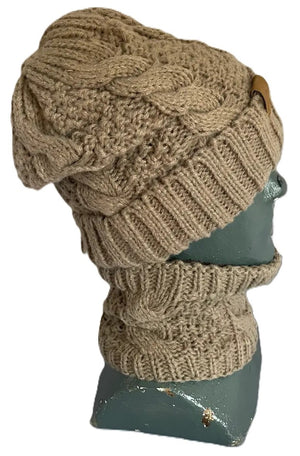 A light brown knit beanie and matching neck warmer set featuring a cable-knit pattern displayed on a mannequin head.