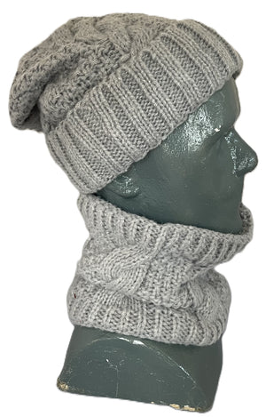 A gray knit beanie and matching cowl-neck scarf set displayed on a mannequin head.