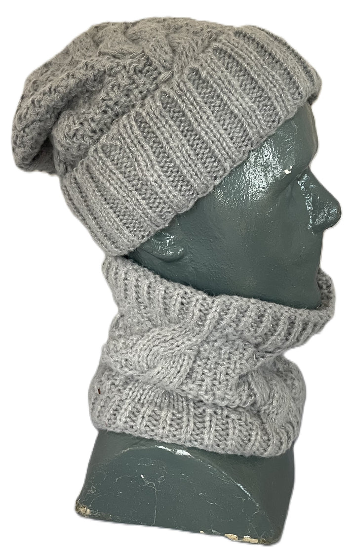 A gray knit beanie and matching cowl-neck scarf set displayed on a mannequin head.