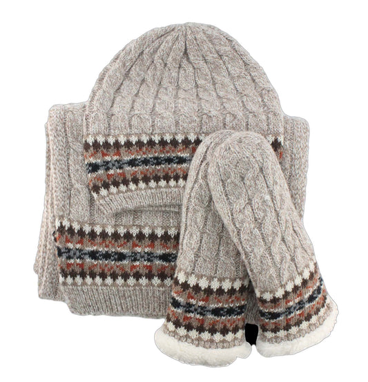 Winter set including a hat, scarf, and mittens, all knitted in a cable pattern and featuring a decorative stripe in various colors
