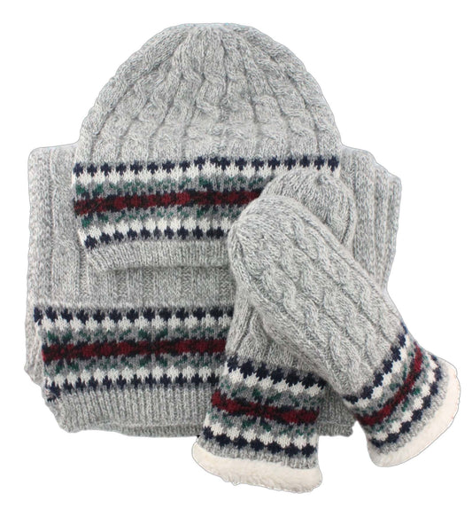 Gray knit winter hat, scarf and mittens set with fair isle trim.