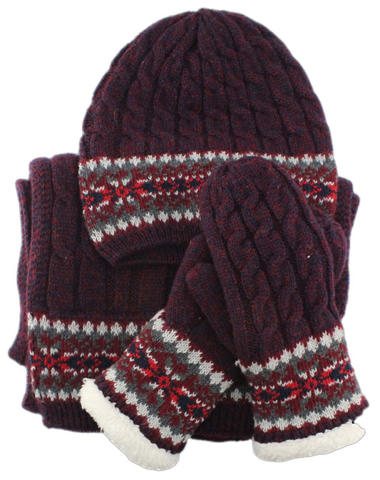 Matching maroon knit hat, mittens, and scarf set with patterned bands and fur-like trim on mittens.