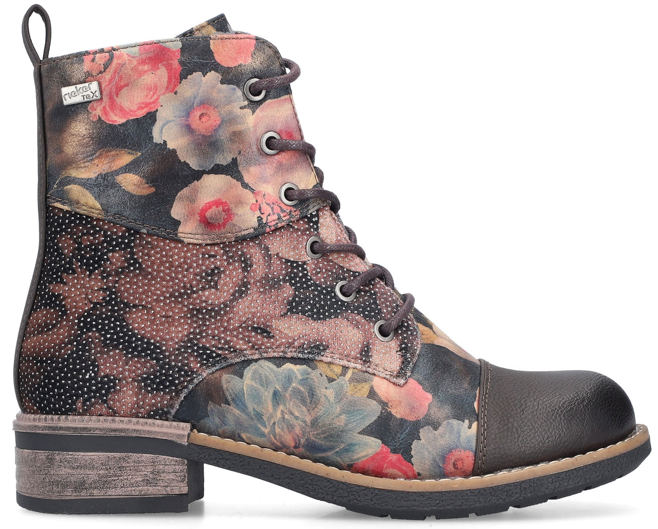 Ankle boot with a dark toe cap and floral print.