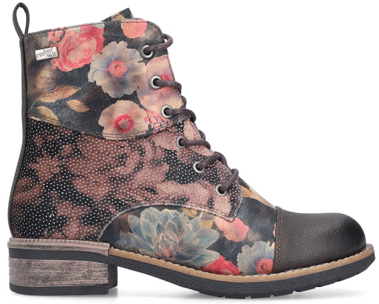 Ankle boot with a dark toe cap and floral print.