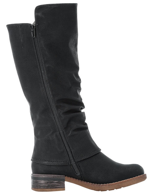 A black knee-high boot with a zipper.