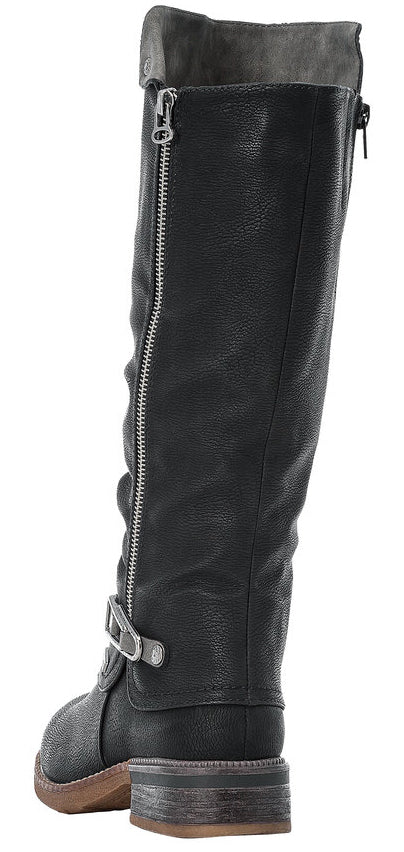 A black knee-high boot with a side zipper and buckle.