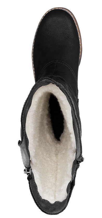 Black boot with cream-colored faux fur lining.