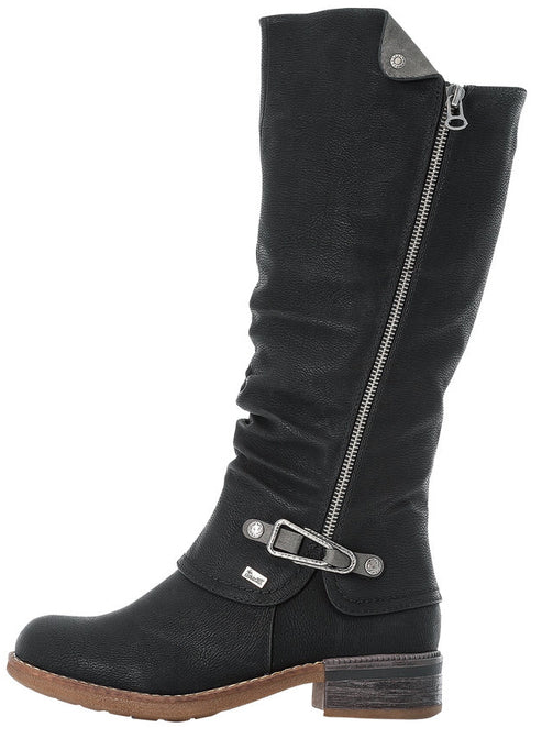 Knee-high black boot with a side zipper and buckle strap.