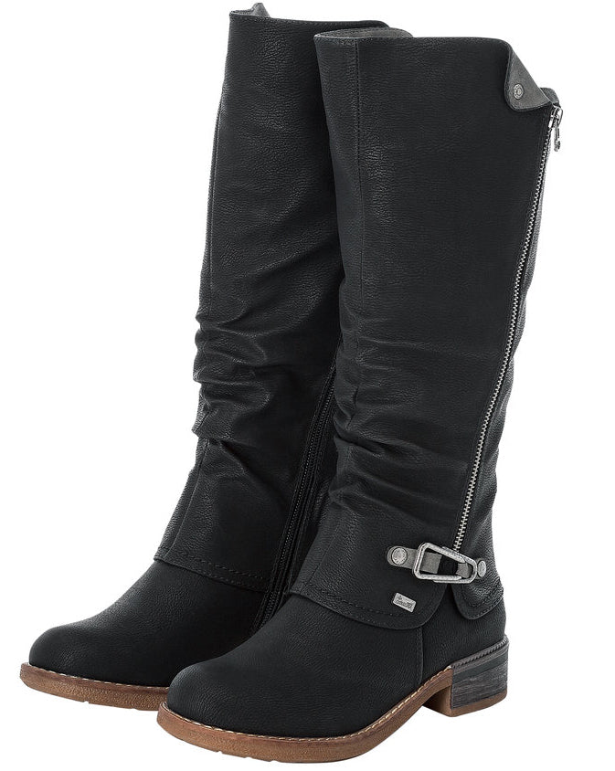 Pair of black, knee-high, slightly wrinkled boots with side zipper and buckled ankle strap.