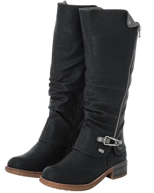 Pair of black, knee-high, slightly wrinkled boots with side zipper and buckled ankle strap.