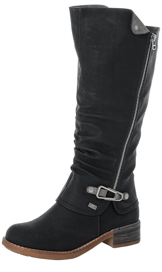 Knee-high black boot with zipper and buckle accent.