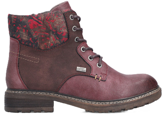 Burgundy ankle boot with laces, faux-leather quarter, and floral fabric collar.