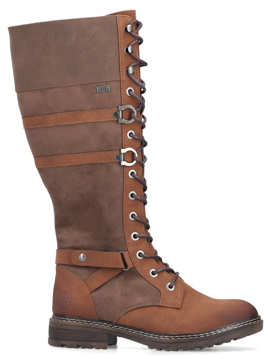 Knee-high brown lace-up boot with dual buckles.