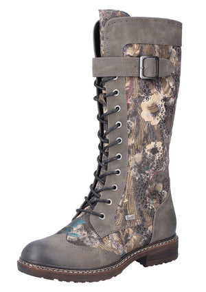 Grey knee-high floral patterned boot with buckle and lace-up closure.
