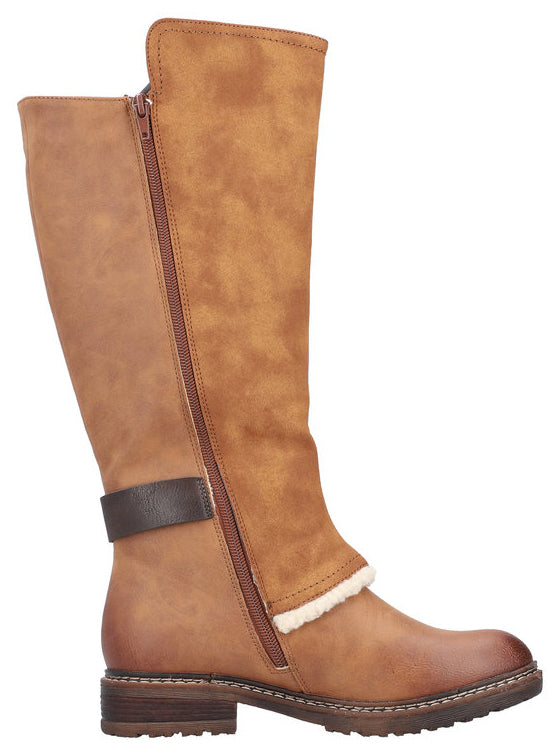 Knee-high tan boot with side zipper and decorative strap.