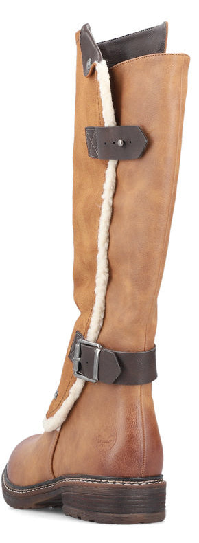 Knee-high brown boot with a strap and buckle.
