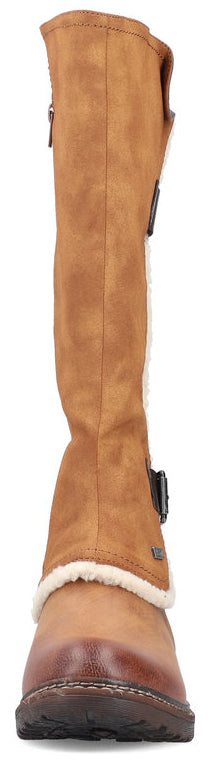 Front view of a tan boot with fur trim and buckles.