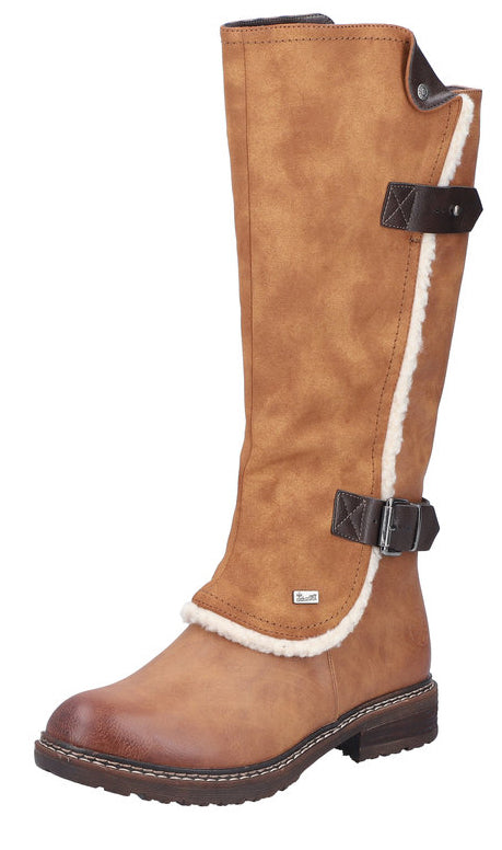 Knee-high tan boot with buckle straps and faux fur trim.