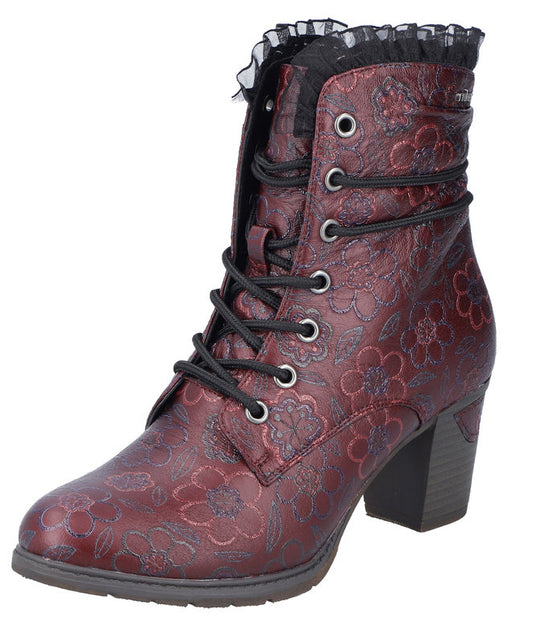 Maroon floral print heeled ankle boot with lace-up closure and black lace trim.