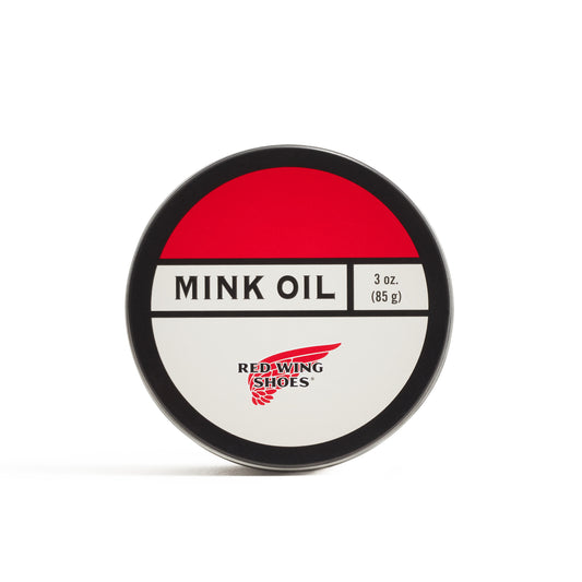 Mink Oil tin with red and white label; indicates 3oz. (85 g)