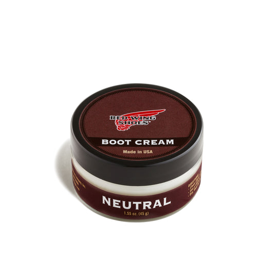 Jar of Boot Cream with "RED WING SHOES", "BOOT CREAM", "Made in USA", and "NEUTRAL 1.55 oz. (45 g)" written on it.