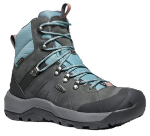 Gray and light blue high top hiking boot with laces.